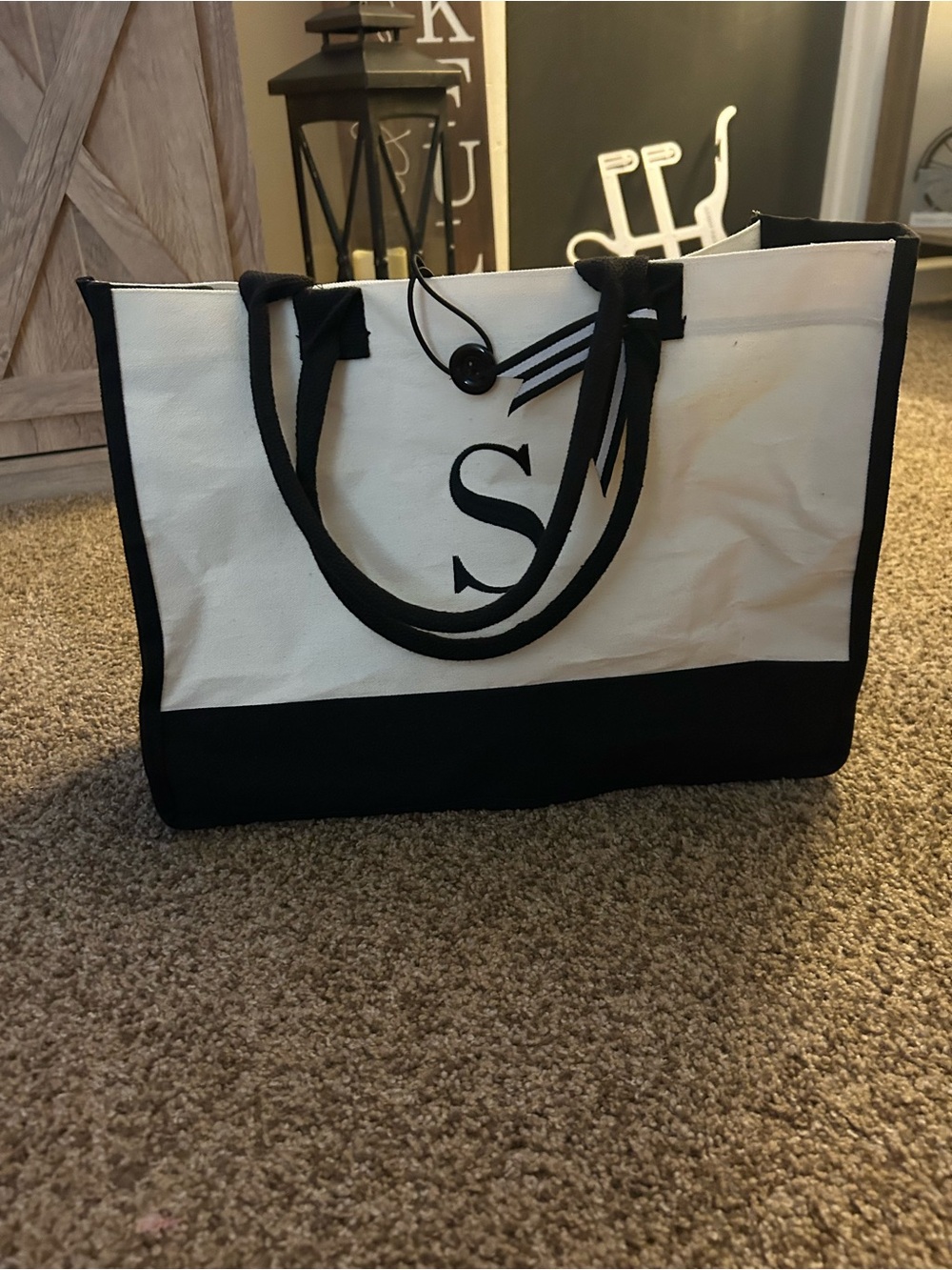 Canvas Tote Bag with S Initial – Black and White